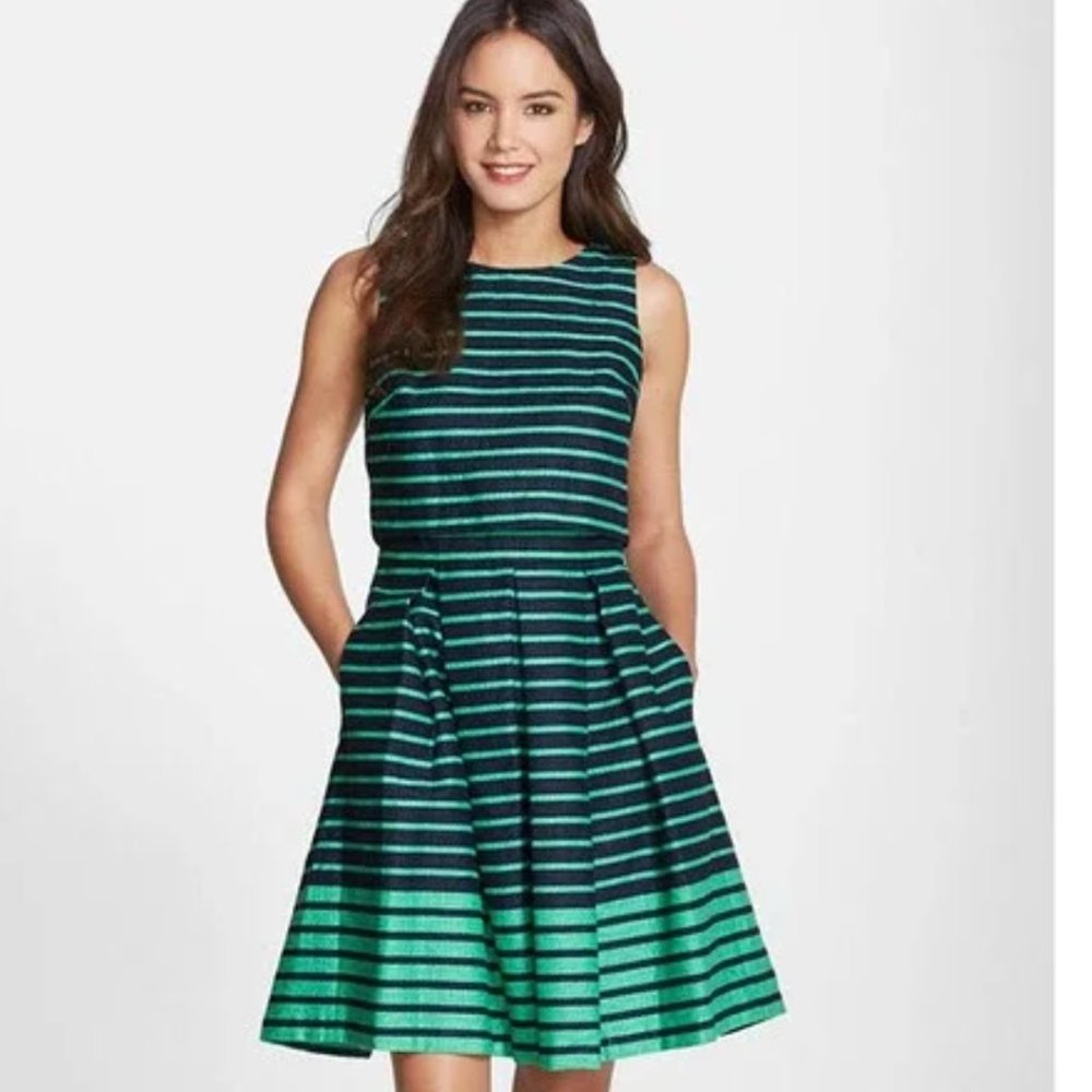 Just Taylor Navy Blue & Kelly Green Striped Fit & Flare Sleeveless Dress 2